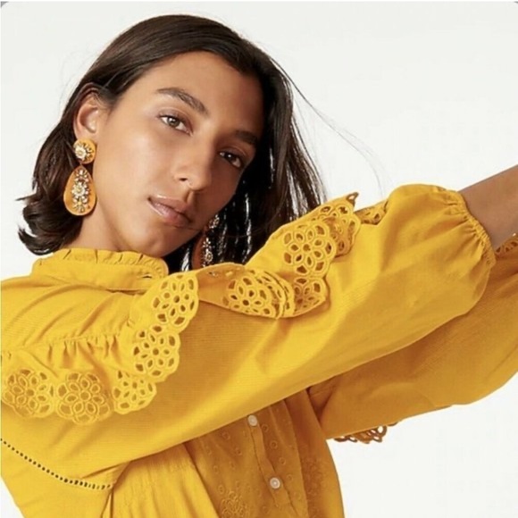 Green J crew embroidered eyelet ruffle sleeve mock neck blouse sz s - Picture 3 of 15